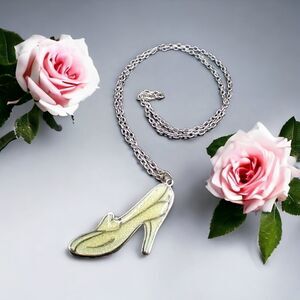 Children’s Disney Shoe Pendant Necklace Glitter High Heel Charm Silver Tone